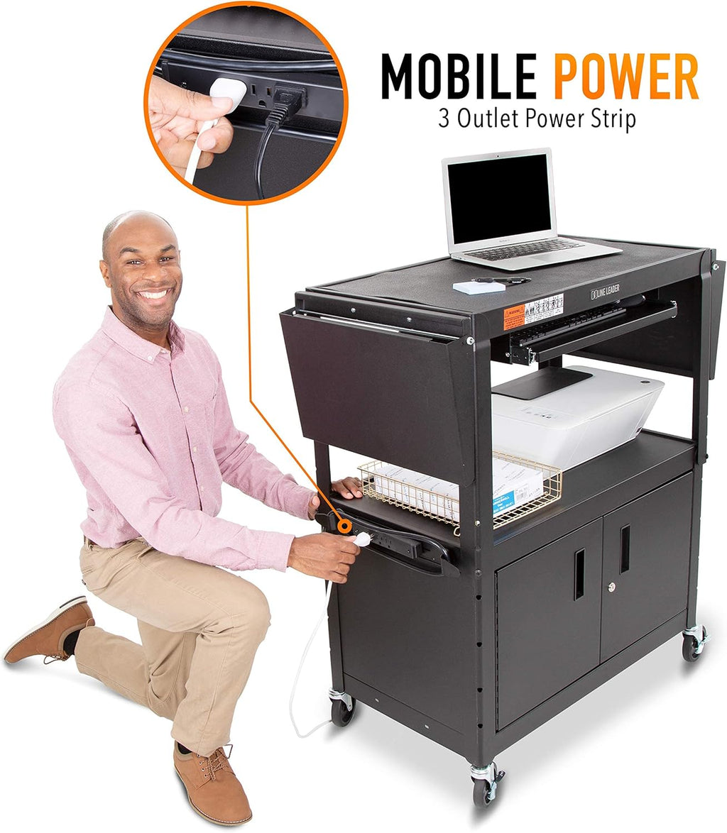 Line Leader Large AV Cart with Locking Cabinet & Drop Leaves, Rolling Height Adjustable Utility Cart with Pullout Laptop Keyboard Tray & Cord Management, Narrow Mobile Workstation (Black, 54 x 18)