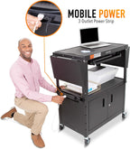 Line Leader Large AV Cart with Locking Cabinet & Drop Leaves, Rolling Height Adjustable Utility Cart with Pullout Laptop Keyboard Tray & Cord Management, Narrow Mobile Workstation (Black, 54 x 18)