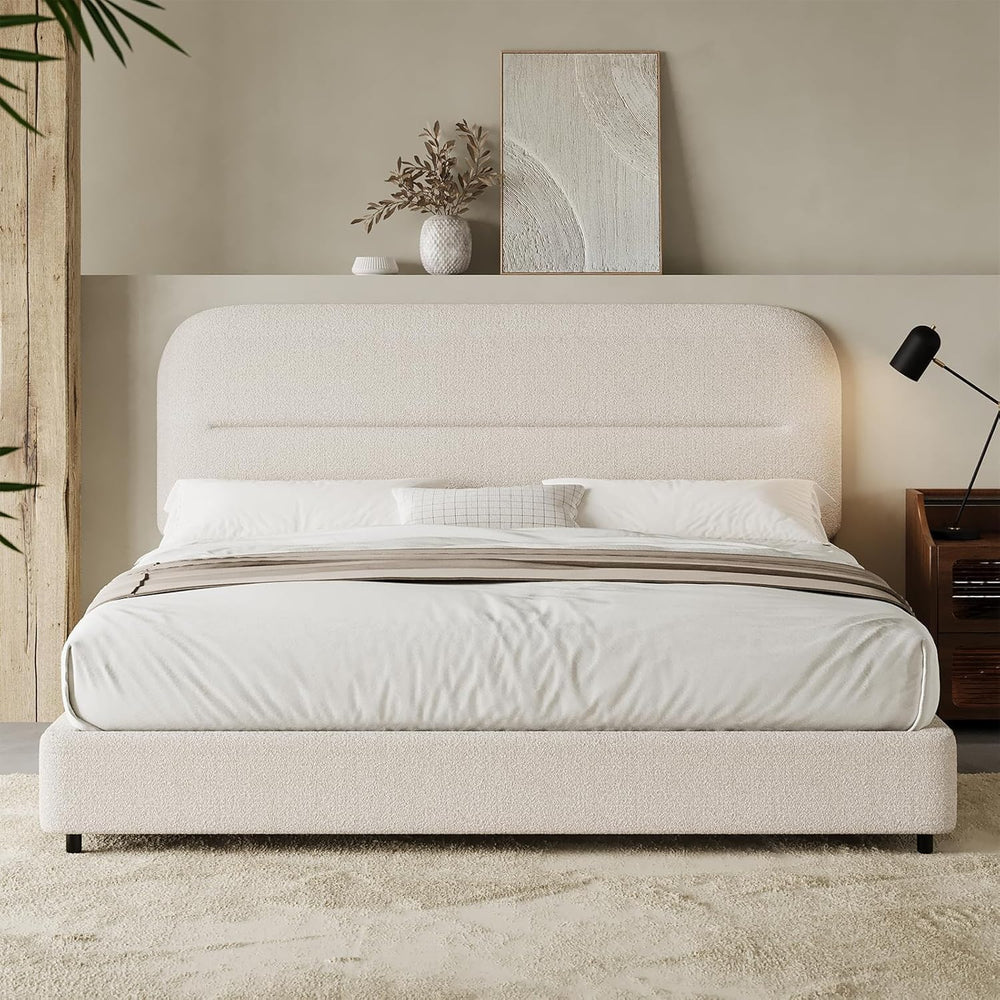 HOMBCK Queen Size Cloud Bed Frame, Cream Plush Boucle Upholstered Platform Be...