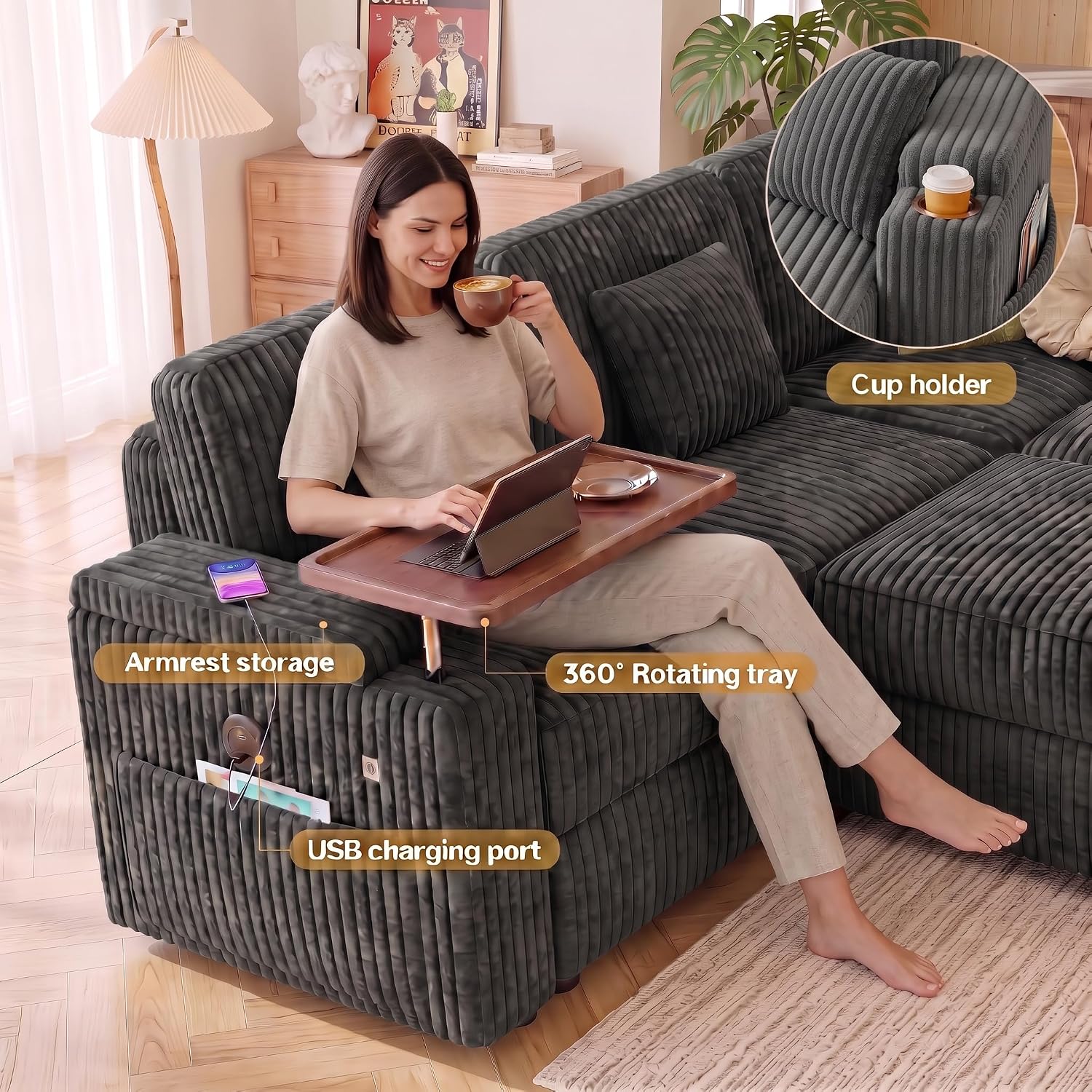 100" Modular Sectional Sleeper Sofa with Pull Out Bed, 7 Seat Corduroy U Shaped Couch with Storage Chaise|Reclining Backrest|Side Table|USB Port, Cloud Sectional Couches for Living Room, Dark Grey