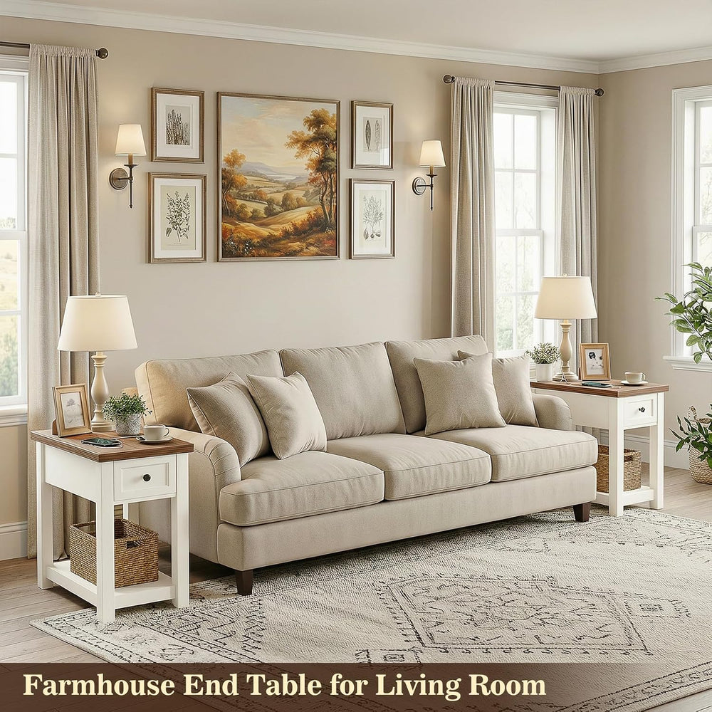 Narrow End Table with Charging Station - Farmhouse Side Table with Drawer, 14...