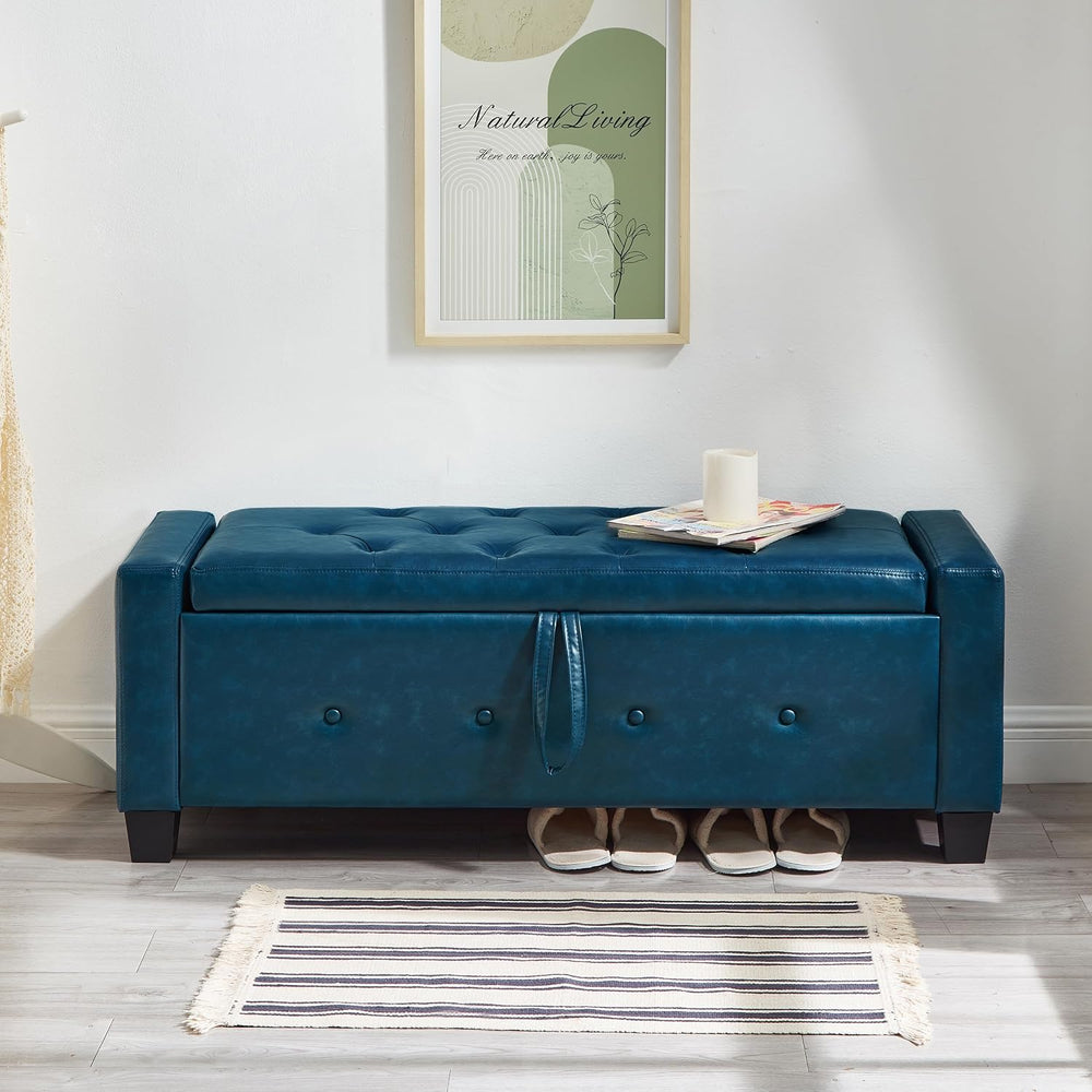 48" Storage Ottoman Bench, Blue | Faux Leather, Lift Top, For Living Roo...