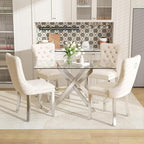 51 Inch Glass Dining Table Set for 4, Rectangular Glass Kitchen Table with 4 Upholstered Velvet Accent Chairs, 5 Piece Modern Dining Room Set, for Home, Apartment, Small Spaces - Beige Silver