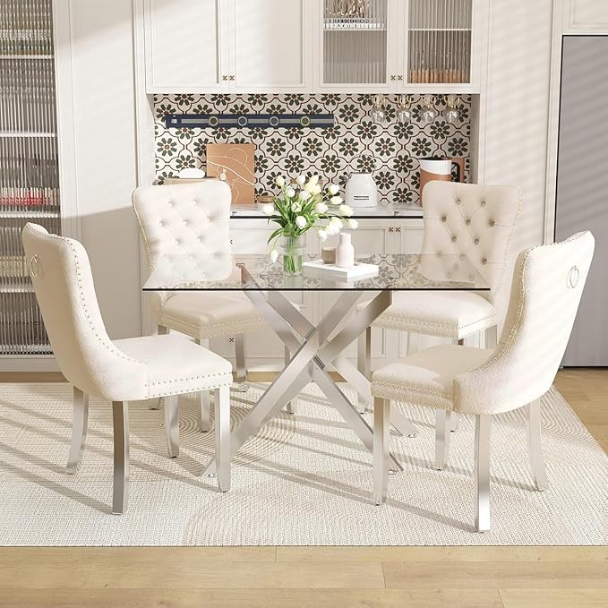 51 Inch Glass Dining Table Set for 4, Rectangular Glass Kitchen Table with 4 Upholstered Velvet Accent Chairs, 5 Piece Modern Dining Room Set, for Home, Apartment, Small Spaces - Beige Silver