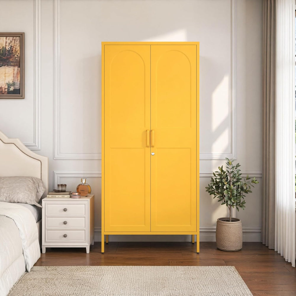 67 Inch Lockable Yellow Steel Wardrobe Storage Cabinet, Freestanding Metal Ar...