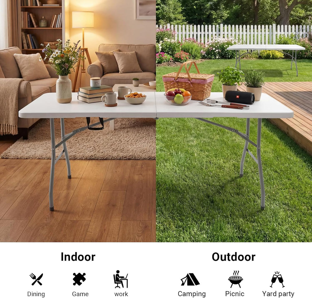 6ft Folding Table, Portable Heavy Duty Plastic Table for Party, White | Fold-...
