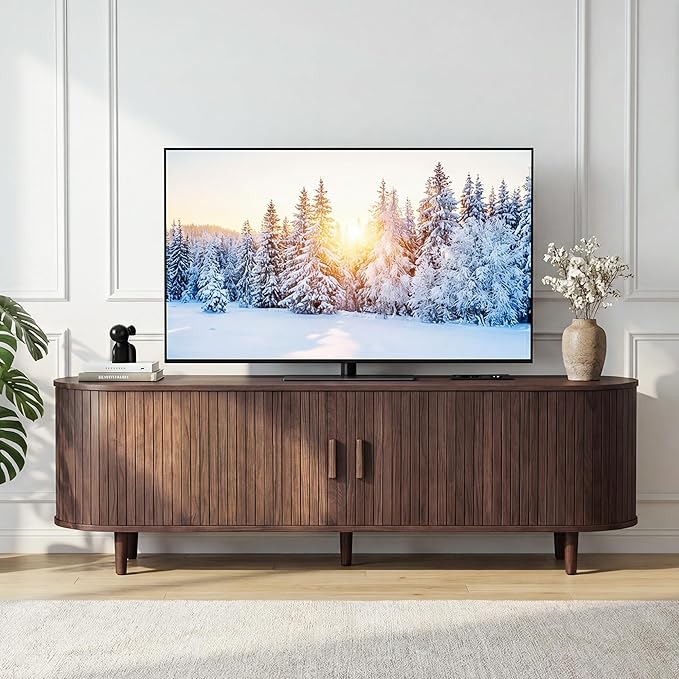 65" Mid Century Modern TV Stand, Wood TV Consoles with Sliding Doors and Power Outlet, Fluted Entertainment Center with Adjustable Shelves, Media Console for Living Room, Walnut