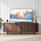 65" Mid Century Modern TV Stand, Wood TV Consoles with Sliding Doors and Power Outlet, Fluted Entertainment Center with Adjustable Shelves, Media Console for Living Room, Walnut