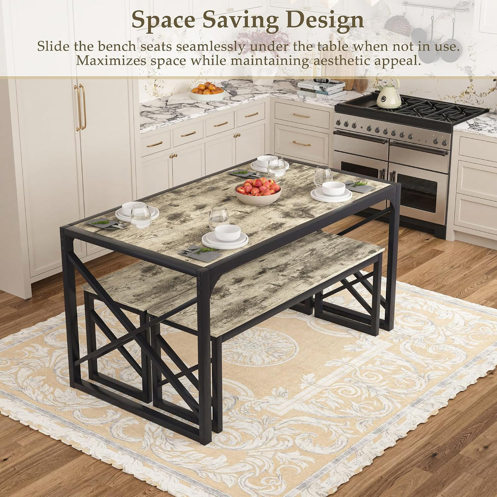 VECELO Kitchen Dining Table Benches Set for 4/6, 55" Wooden Dinette with 2 Benches, Large Embedded Desktop for Small Space, Breakfast Nook, Grey