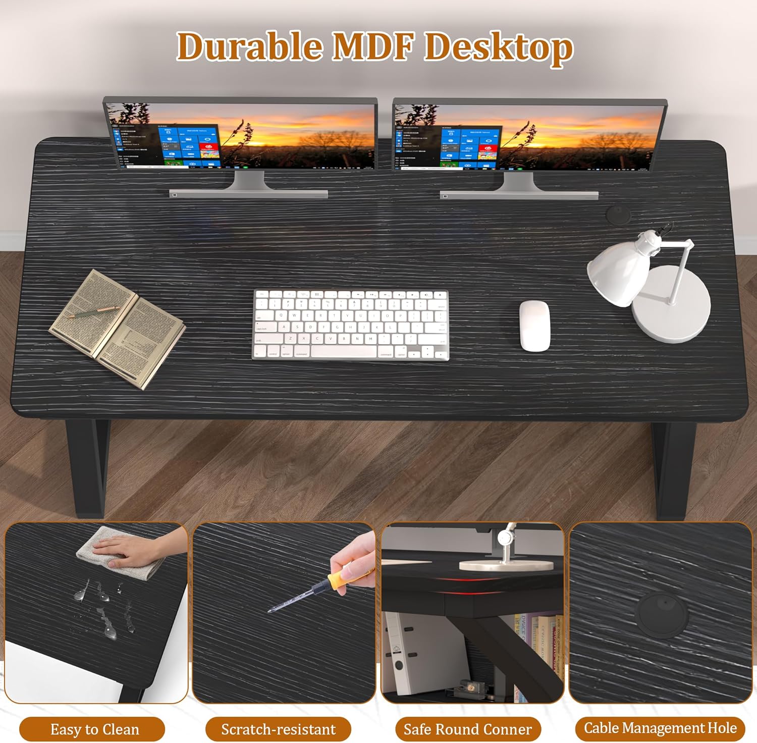 55 inch Computer Desk with Storage Shelf, K-Shaped Office Desk with Sturdy Metal Frame, Writing Gaming Work Desk with Waterproof Surface for Home Office & Bedroom, Black