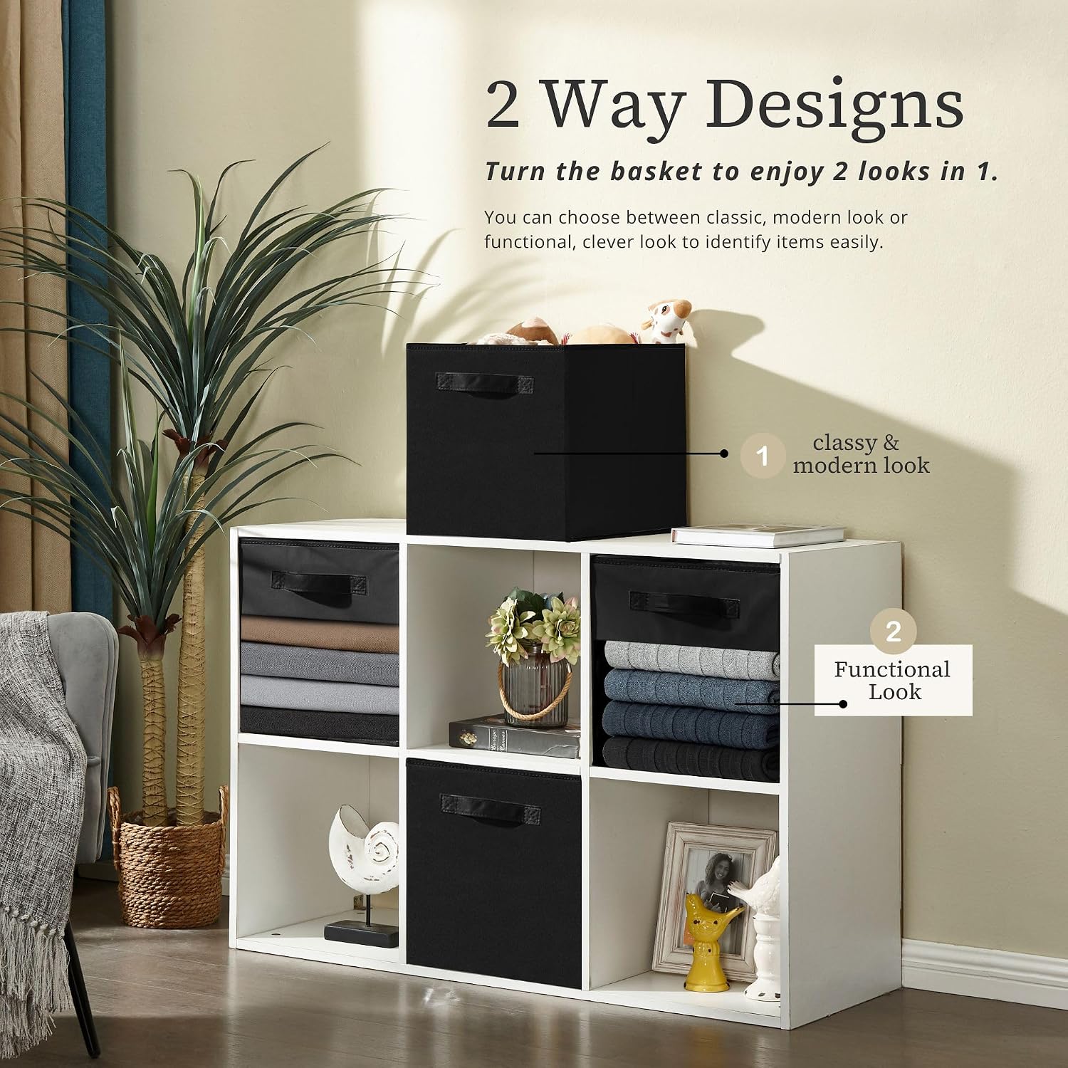 DECOMOMO Storage Bins, Cube Storage Bin with Window | 11" Cube, 6 Pack, Fabric Storage Cubes for Shelves (Black)