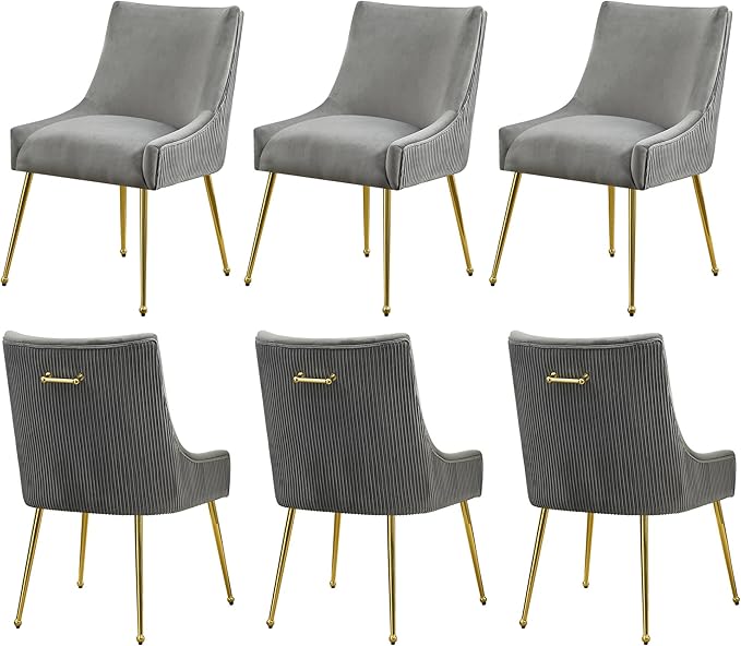 Velvet Dining Chairs Set of 6 Gold Legs,Upholstered Velvet Accent Chairs, Pleated Back Design & Gold Pull Handle, Mid Century Modern Chairs for Dining/Kitchen/Living Room,Light Grey