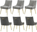 Velvet Dining Chairs Set of 6 Gold Legs,Upholstered Velvet Accent Chairs, Pleated Back Design & Gold Pull Handle, Mid Century Modern Chairs for Dining/Kitchen/Living Room,Light Grey