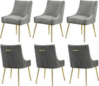 Velvet Dining Chairs Set of 6 Gold Legs,Upholstered Velvet Accent Chairs, Pleated Back Design & Gold Pull Handle, Mid Century Modern Chairs for Dining/Kitchen/Living Room,Light Grey