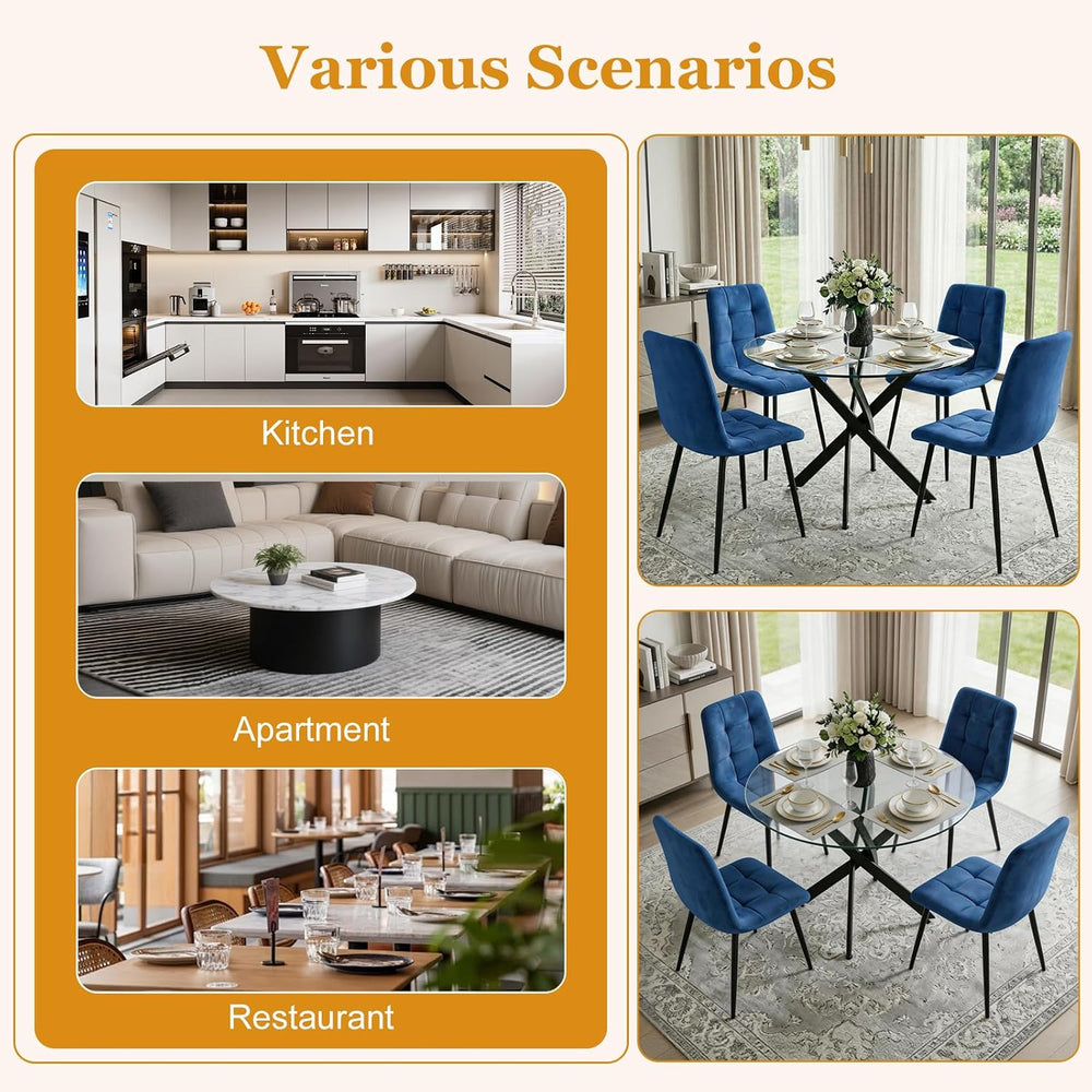 Dining Table Set for 4, Round Glass Kitchen Table with 4 Blue Highback Tufted...