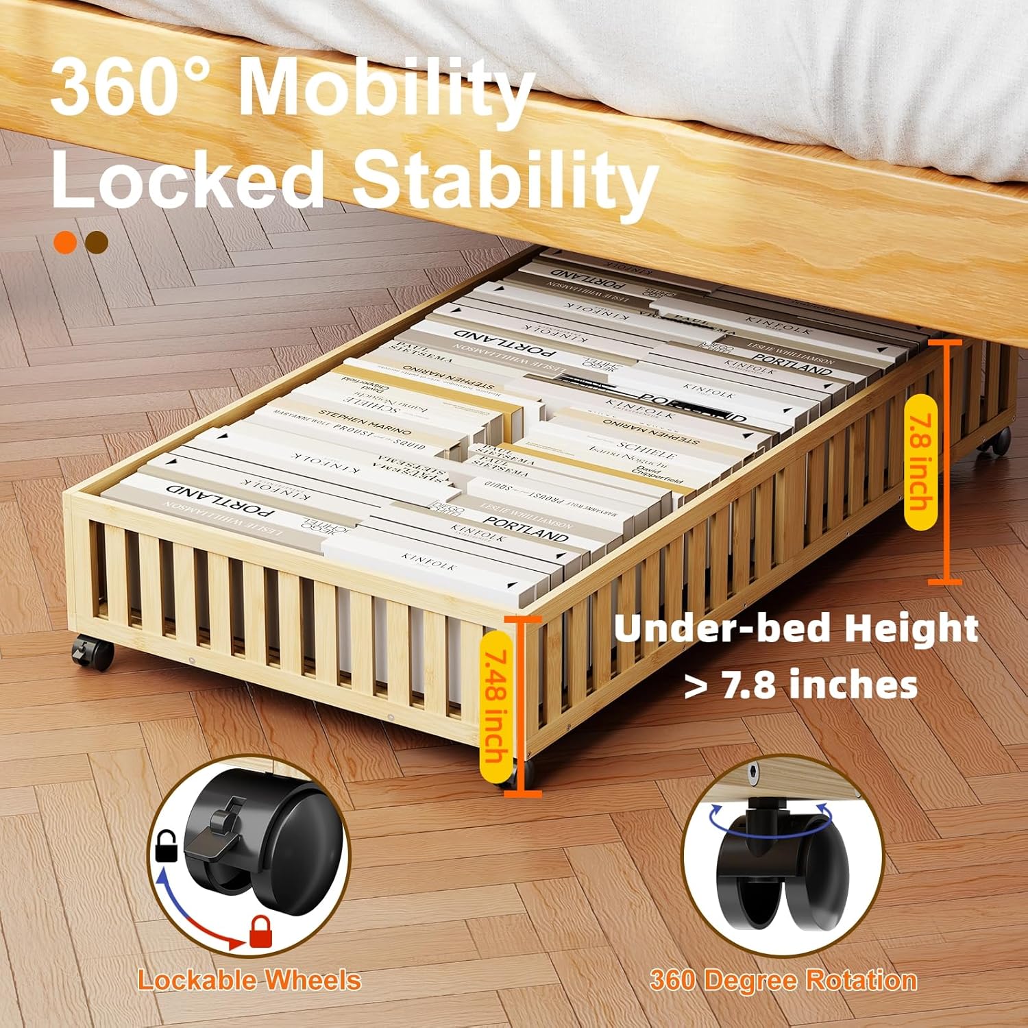 Bamboo Under Bed Storage Containers with Wheels, 40L UnderBed Drawers with Dust Bag, Breathable Under Bed Shoe Storage, Rolling UnderBed Clothes Storage, 2Pack