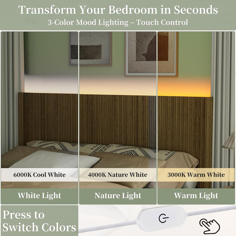 Queen Size Headboard Only, Modern Fluted Wall-Mounted Head Board with Lightin...