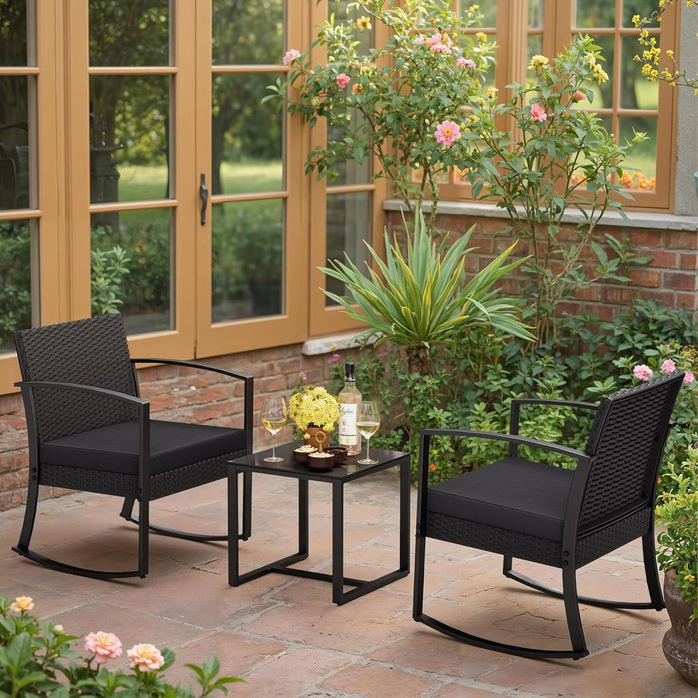 Greesum 3 Pieces Outdoor Furniture Set Patio Bistro Rocking Chairs with Glass...