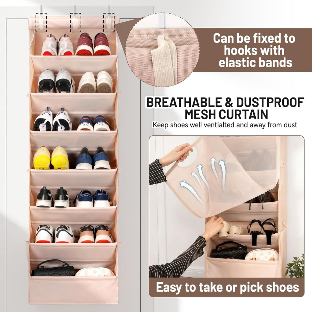7 Tier Over The Door Shoe Organizer, Hanging Shoe Rack for Closet with Dustproof Mesh Curtain & 6 Side Pockets, Behind The Door Narrow Shoe Holder Hanger for Sneakers, Boots (Beige)