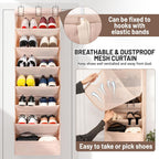 7 Tier Over The Door Shoe Organizer, Hanging Shoe Rack for Closet with Dustproof Mesh Curtain & 6 Side Pockets, Behind The Door Narrow Shoe Holder Hanger for Sneakers, Boots (Beige)