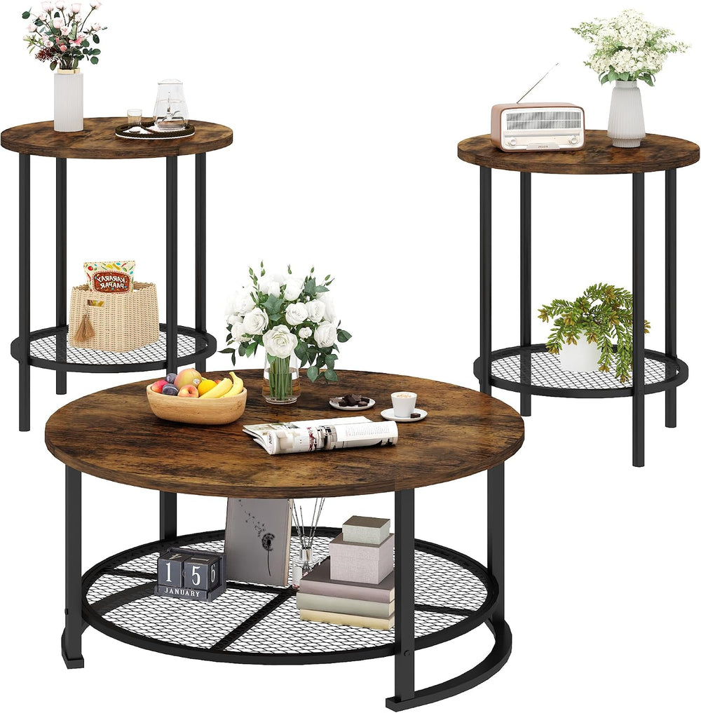 DKLGG 3-Piece Coffee Table and End Table Sets for Living Room, Round Coffee T...