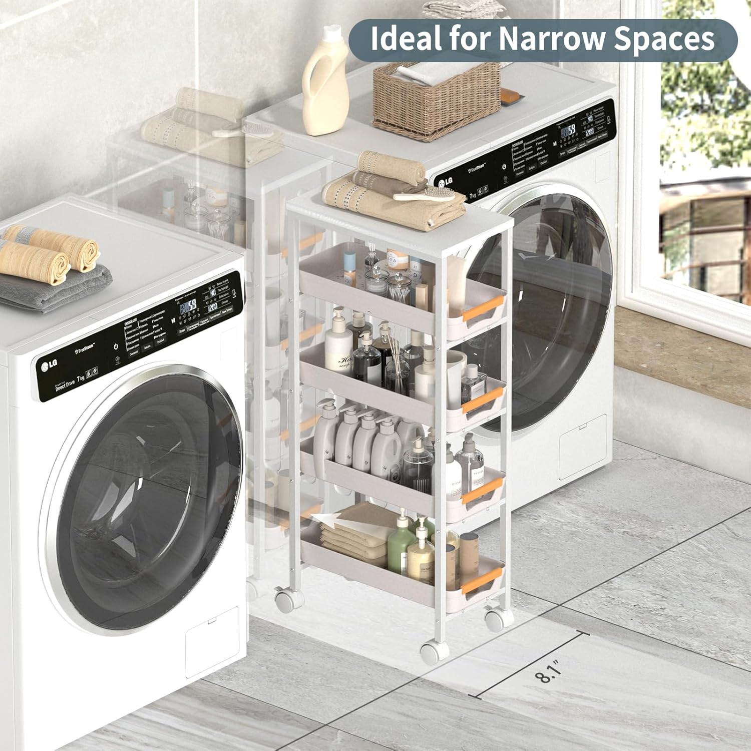 5 Tier Slim Rolling Utility Cart with Drawers Pull-Out Design Slim Storage Cart with Metal Frame and Wooden Top for Narrow Space in Home Kitchen Bathroom White (Width 8.1 Inches)