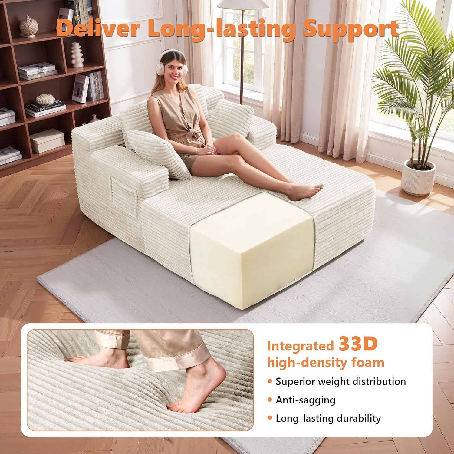 Boneless Chaise Lounge, 67" Oversized Chaise Lounge Chair Indoor with Side Pockets&Wide Armrests, Deep Seat Sleeper Sofa Bed, Cloud Corduroy Couch (Off-White, with Pockets)