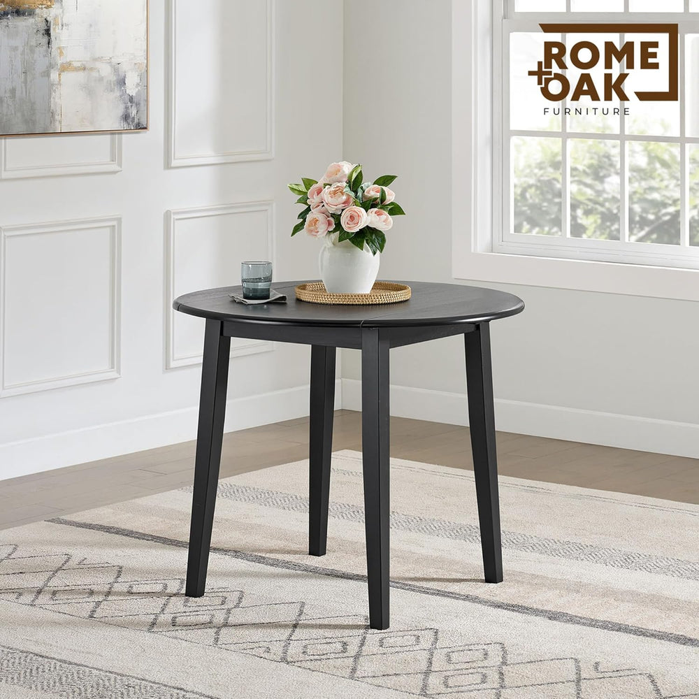 ROME + OAK Hinged Drop Leaf Dining Table, 22-36 Inch Round Tabletop with Stur...