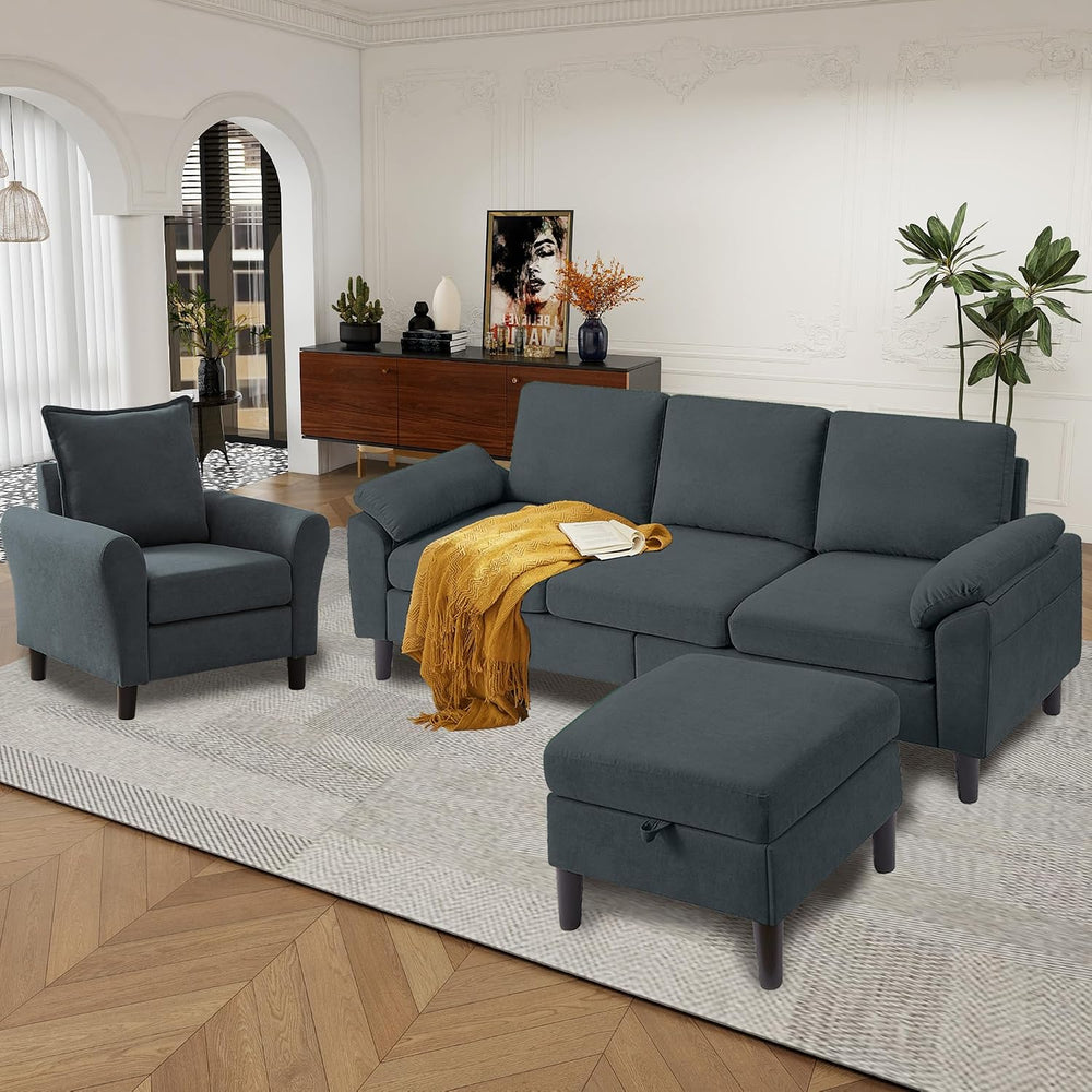 79" Convertible Sectional Sofa Set, Modern Linen Small L Shaped Couch wi...