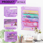 Hanging Wall File Organizer 6 Tier Wall Mounted Mail Paper Folder Holder Document Organization Stand, Vertical Desk Magazine Rack for Office Home Cubicle Countertop, Light Purple