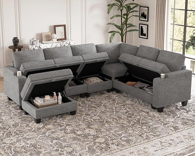 Belffin Chenille Modular Sectional Sofa Convertible L Shaped Corner Couches for Living Room with Storage Armrest with Cup Holder Light Grey Couch