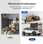 FLEXIMOUNTS 4x8 Overhead Garage Storage Rack with 6 Hooks, Adjustable Storage Organization System, Heavy-Duty Metal Ceiling Racks, 22.6" -39.4" Ceiling Dropdown, Black, Lite Series