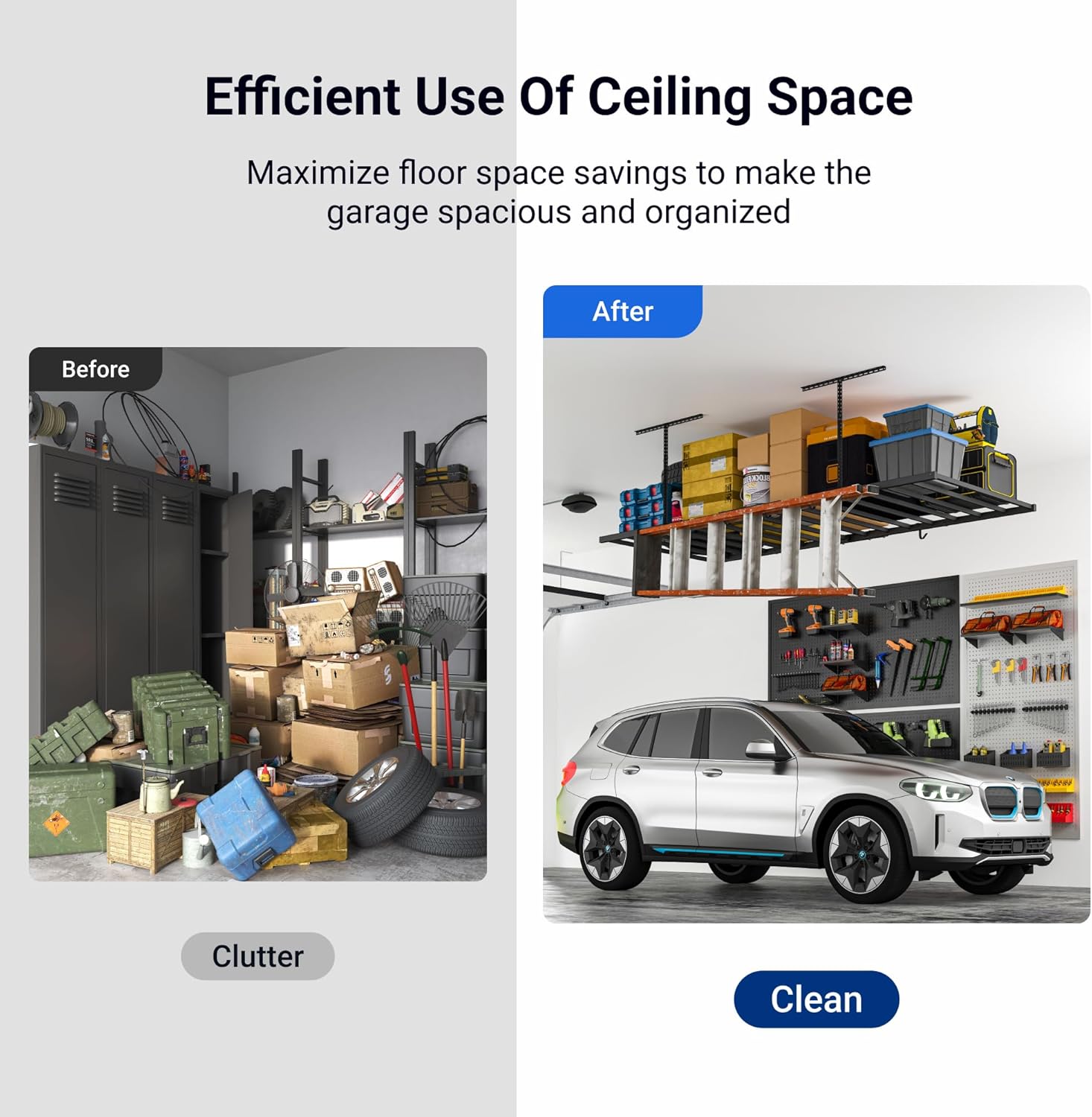 FLEXIMOUNTS 4x8 Overhead Garage Storage Rack with 6 Hooks, Adjustable Storage Organization System, Heavy-Duty Metal Ceiling Racks, 22.6" -39.4" Ceiling Dropdown, Black, Lite Series