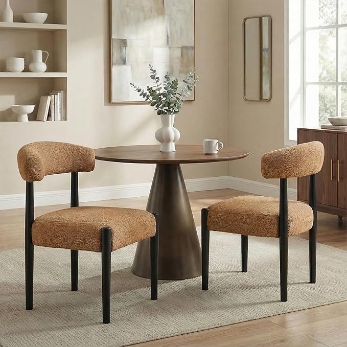 VKNOW Wooden Dining Chairs Set of 6, Modern Upholstered Dining Room Chairs with Black Rubberwood Legs and Curved Backrest, Fabric Kitchen Chairs for Dining Room, Orange(Black Legs)