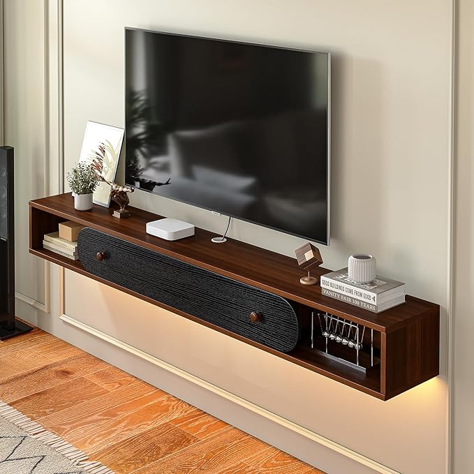 Furninova Floating TV Stand,Wall Mounted Entertainment Center for 65 Inch TV,Plywood Floating Media Console with 1 Flip Down Door & Cable Management,Modern Space Saving TV Shelf,55 Inch,Walnut & Black