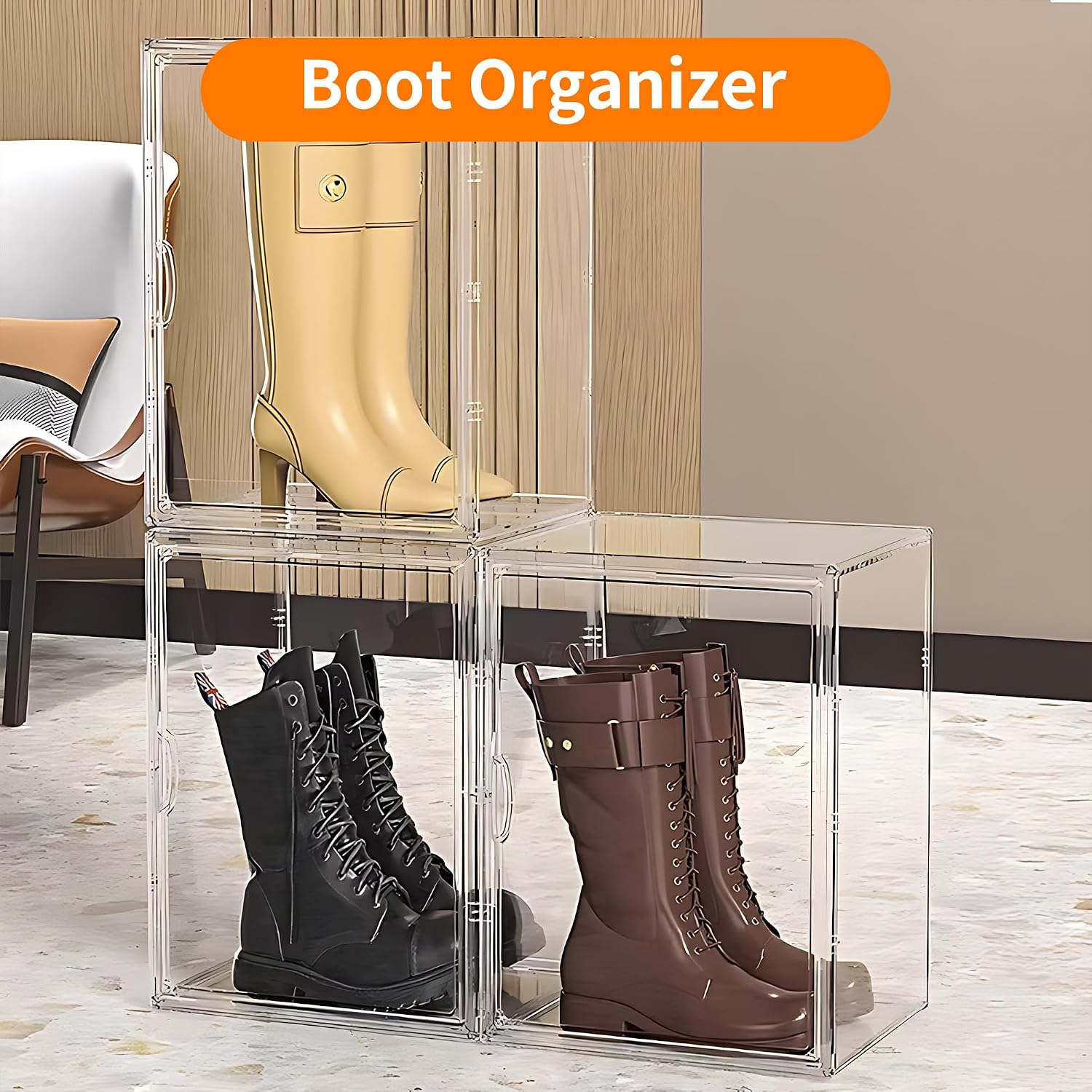3 Pack Clear Acrylic Sneaker Shoe Display Case,Shoe Storage Boxes Stackable,Acrylic Boxes for Shoes Display with Lid,Boot Storage Organizer for Tall Boot,Purse Handbag Organizer for Closet