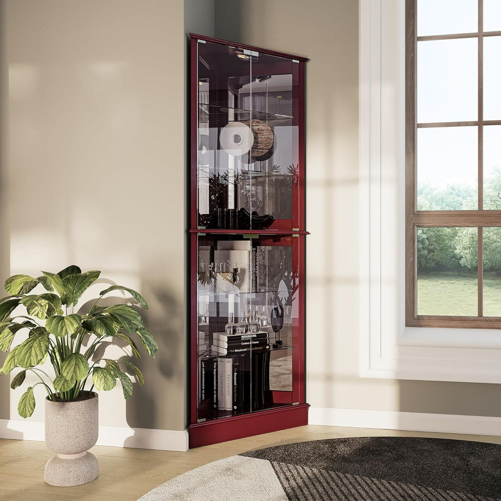 BELLEZE Lighted Corner Display Curio Cabinet Wooden Shelving Unit with Temper...