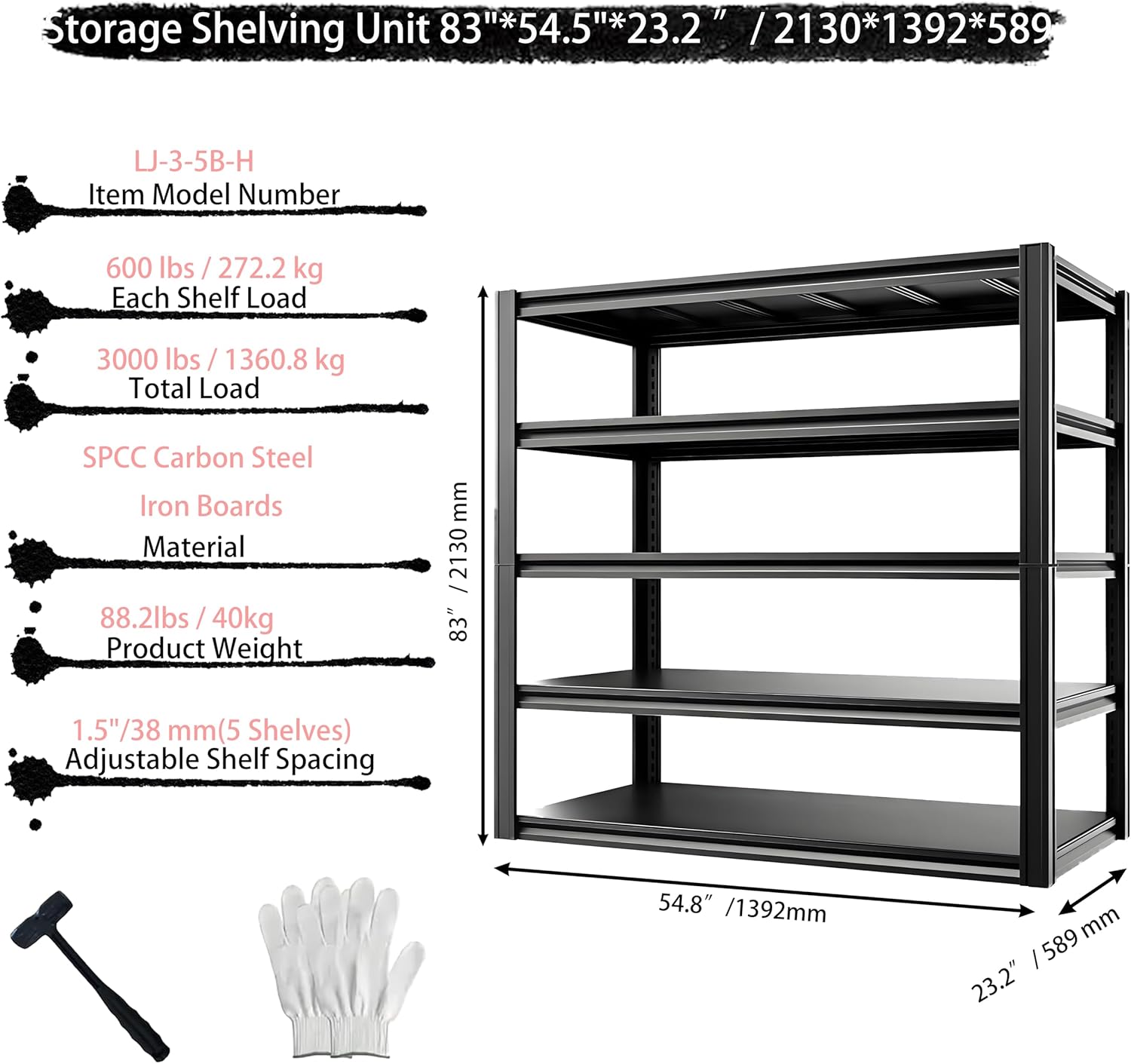 Storage Shelving Unit Heavy Duty Garage Shelves Metal Organizer Utility Rack for Kitchen Pantry Basement Pantry Warehouse Laundry Black 83" H x 55" W x 23.2" D 3000LBS 5-Tier