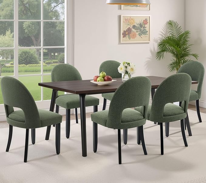 Dining Room Chairs Set of 6, Upholstered Wooden Dining Chairs, Mid Century Modern Kitchen Chairs with Solid Wood Legs & Open Backrest, Farmhouse Green
