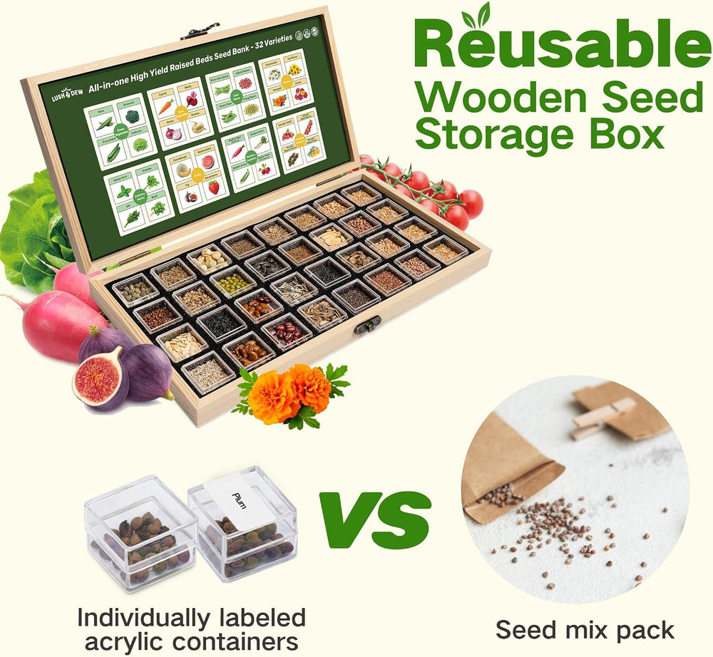 LUSH&DEW Raised Garden Bed Heirloom Seed Bank, 32 Type 30000+ Non-GMO Seeds