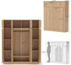4 Doors Large Armoire Wardrobe Closet with Rattan Doors, 70.87" Tall Freestanding Wooden Closet Wardrobe Cabinet with Hanging Rod and Adjustable Shelves, Clothing Storage Cabinet for Bedroom, Natural