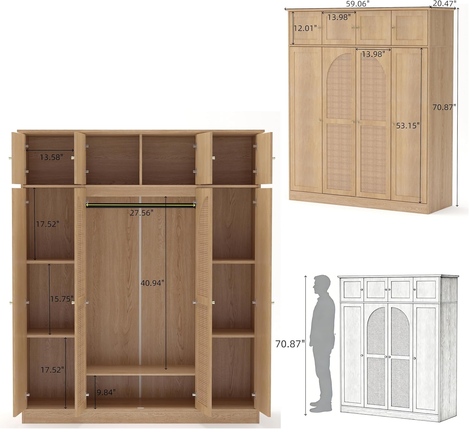 4 Doors Large Armoire Wardrobe Closet with Rattan Doors, 70.87" Tall Freestanding Wooden Closet Wardrobe Cabinet with Hanging Rod and Adjustable Shelves, Clothing Storage Cabinet for Bedroom, Natural
