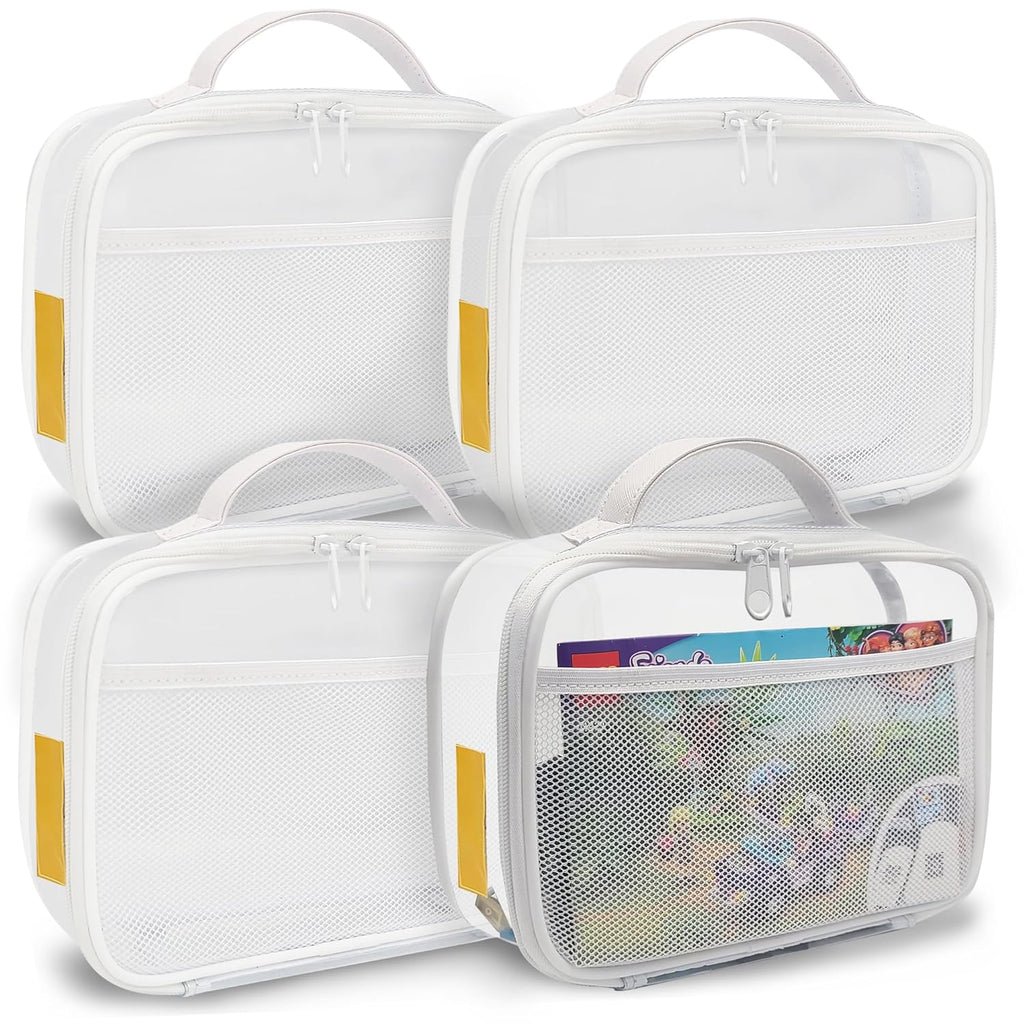 holay 4 Packs PVC Zippered Blocks Set, Toy, Clay, Board game Storage Organizer Case (Name Tag, Manual Pocket) (White, Small)