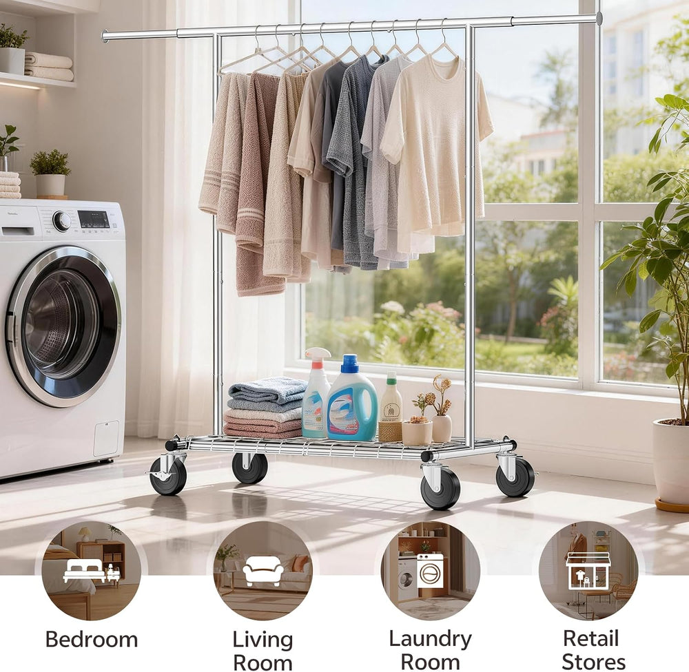 Heavy Duty Clothes Rack, Rolling Clothing Rack Load 420 LBS, Silver