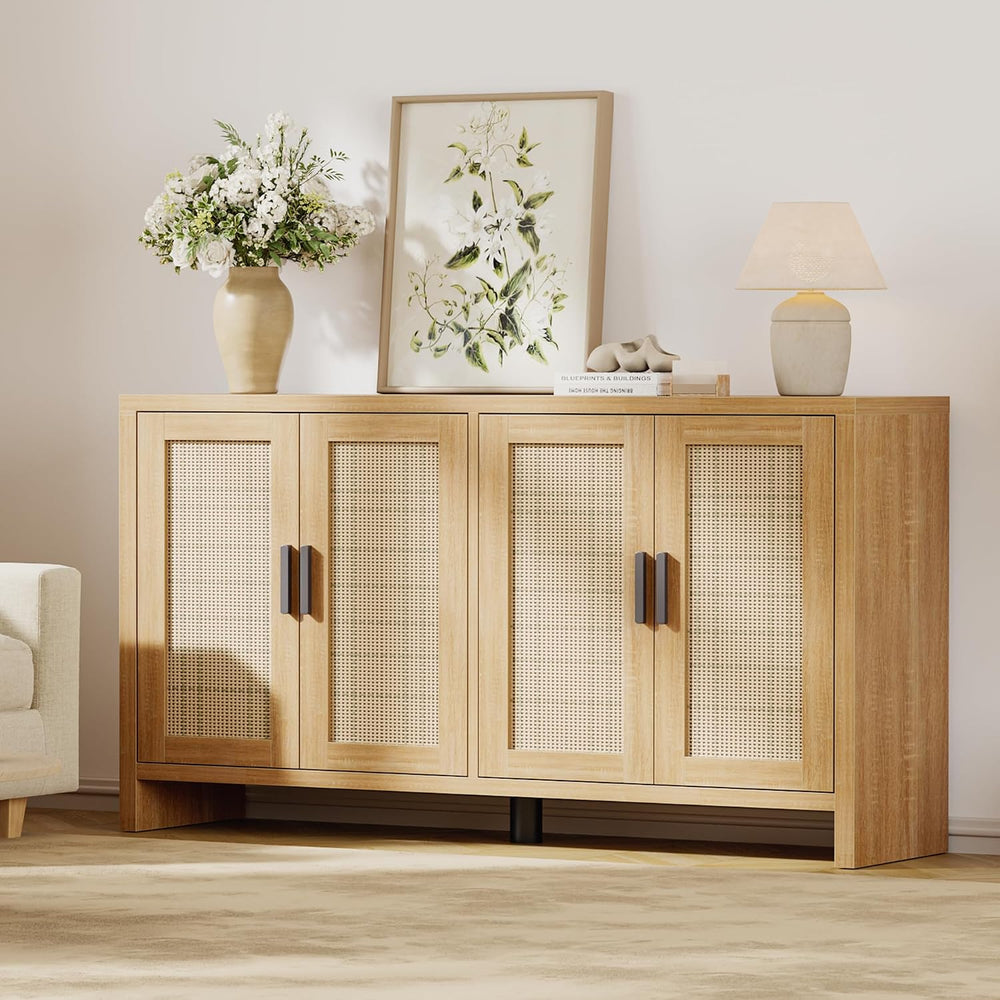Rattan Buffet Cabinet with Storage, Sideboard Cabinet with Doors and Adjustab...