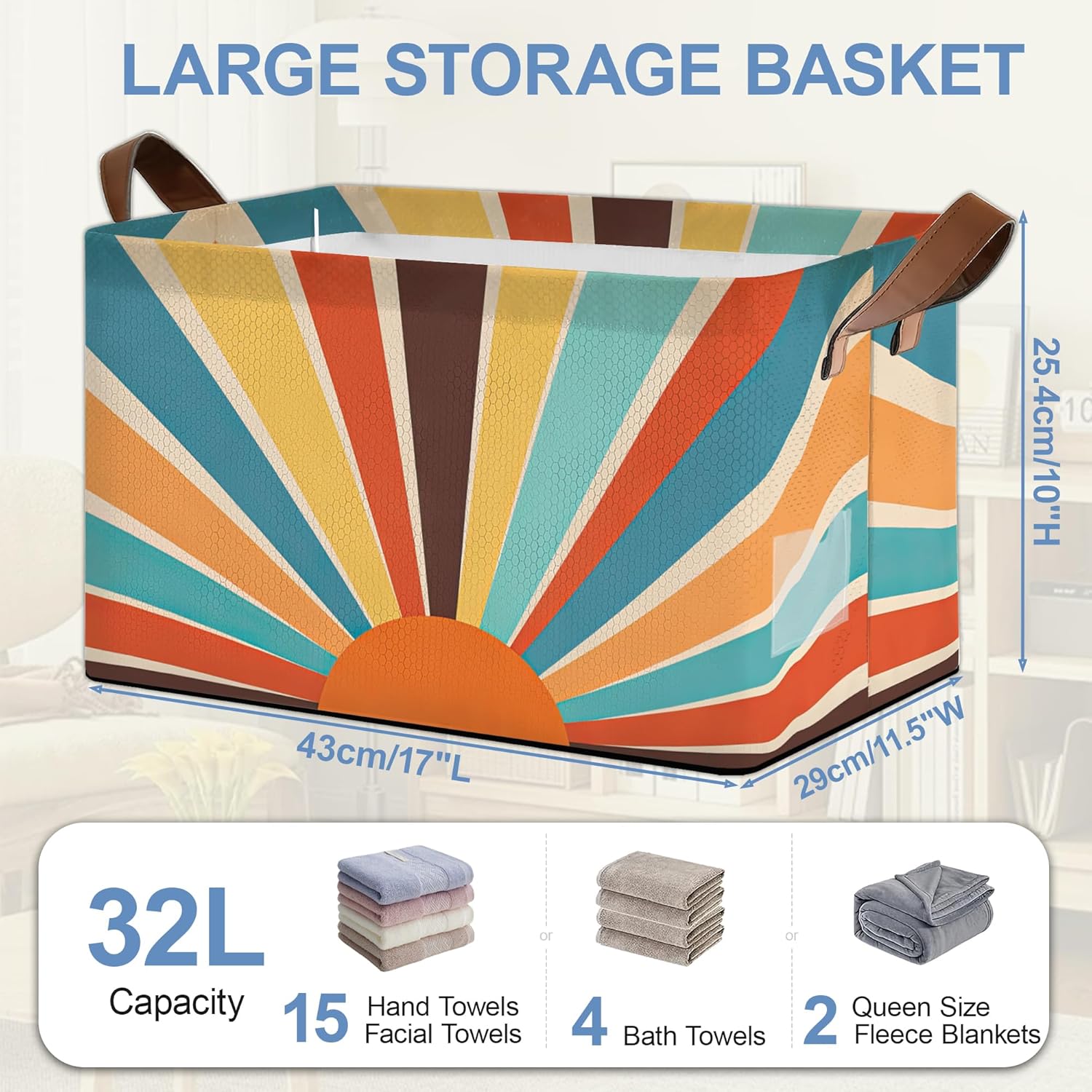 Boho Abstract Sun Collapsible Storage Box,Geometric Organizer Bin with Handles for Room Decoration,Bins Book Basket Box 17x11.5x10Inch