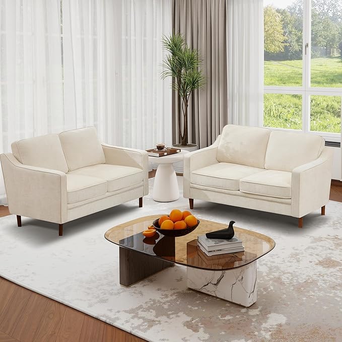 Kingfun 56" Chenille Sofa, Loveseat Couch, Mid Century Modern Love Seat Couches with Solid Wood Frame for Living Room & Bedroom, Beige