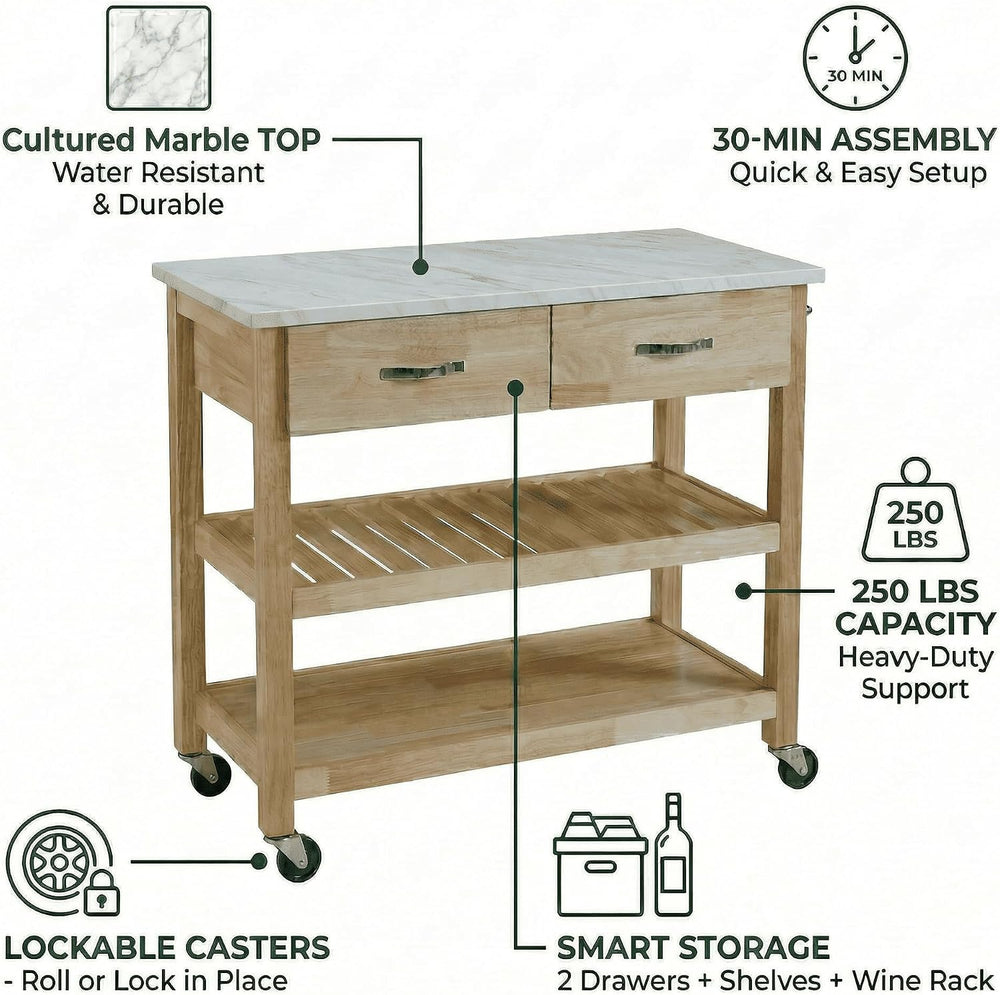 42" W Solid Wood Kitchen Island, Cultured Marble Top | 250 lbs capacity,...