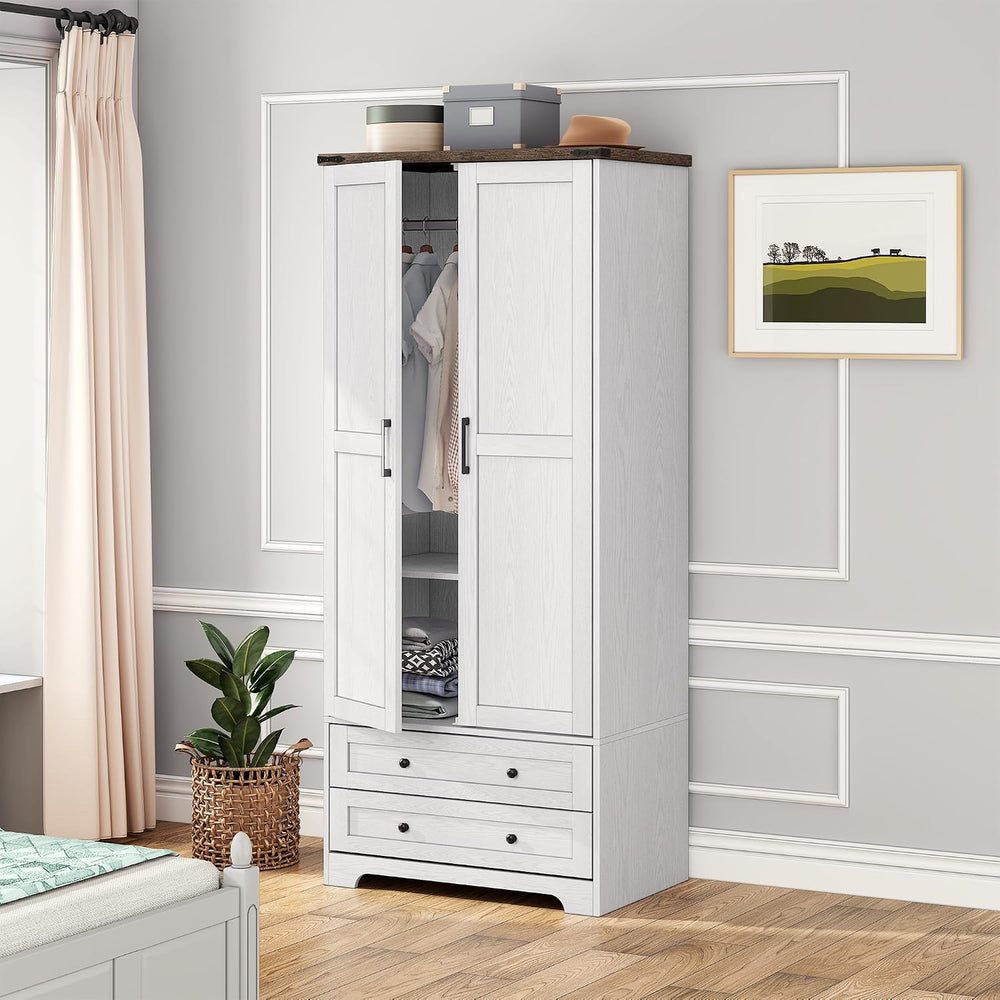Brafab 2 Doors Wooden Armoire Wardrobe Closet with 2 Drawers, White | 2 Moder...