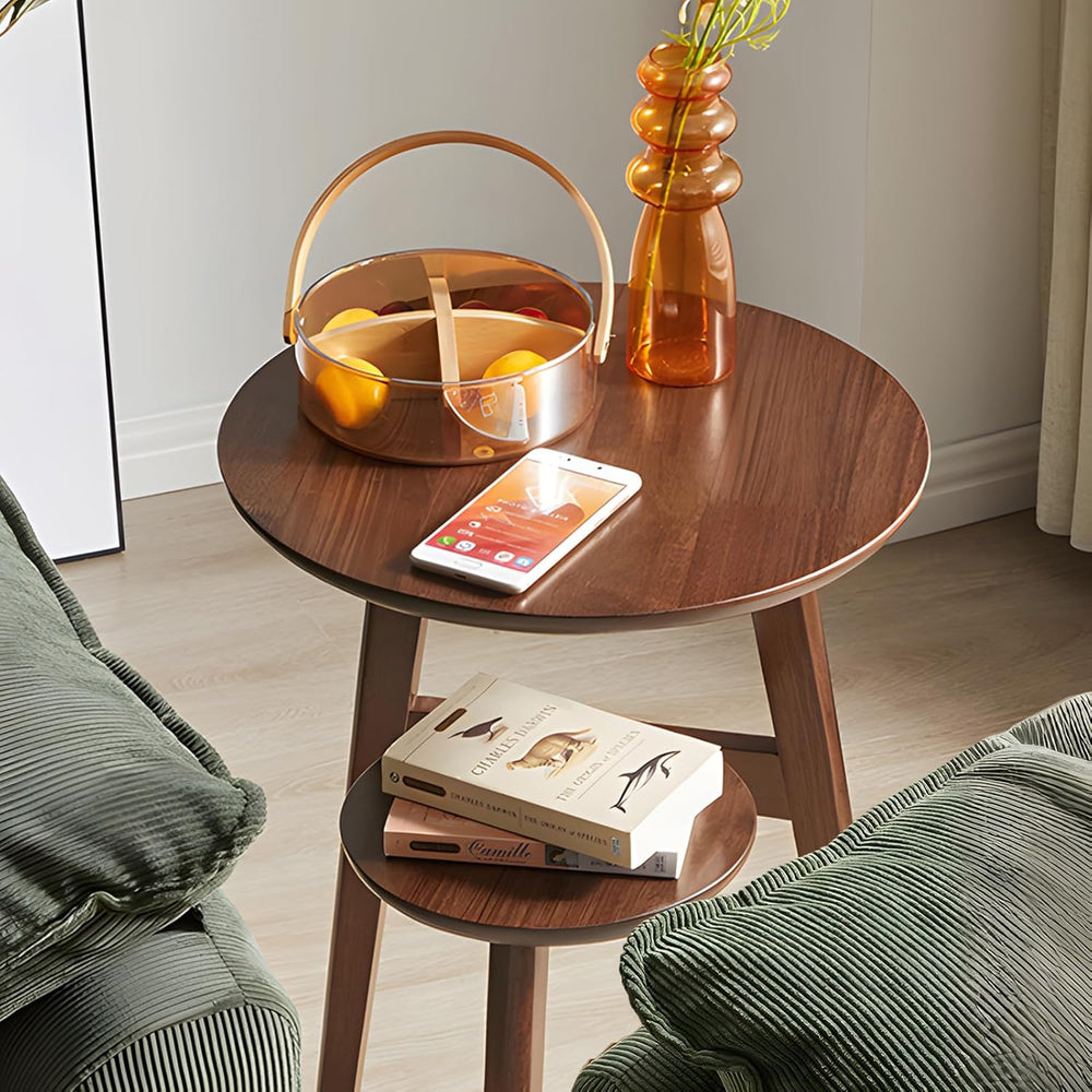 Side Table, Small Round End Table with 2-Tier Shelf, Solid Wood Nightstand fo...